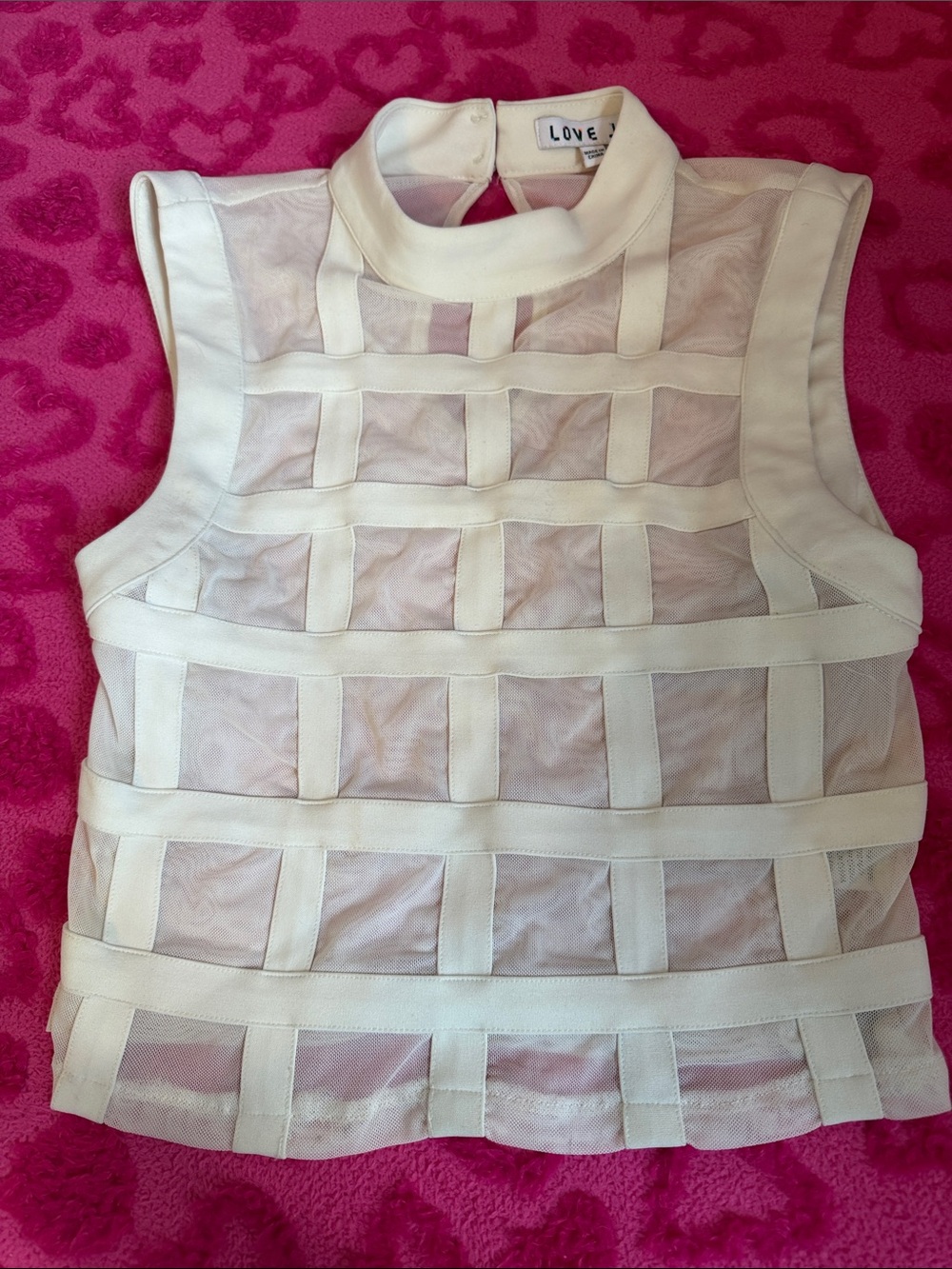 love J White Mesh Grid Crop Top